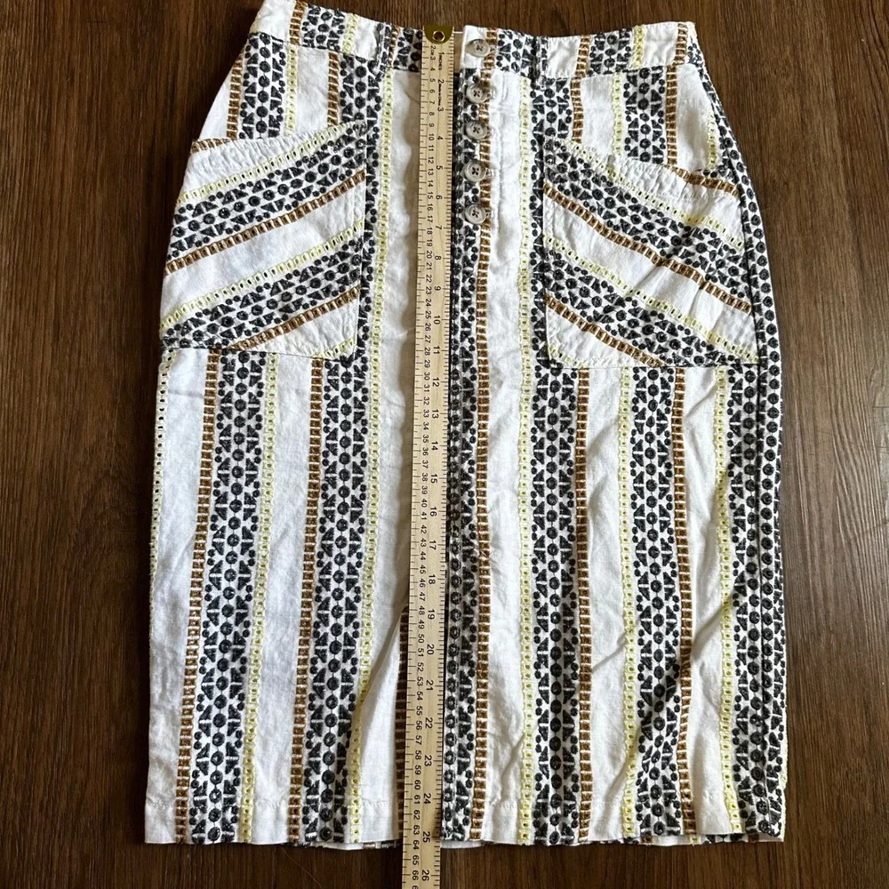 Anthropologie Pencil Skirt Women 8 White Embroidered Eyelet Button Front Boho